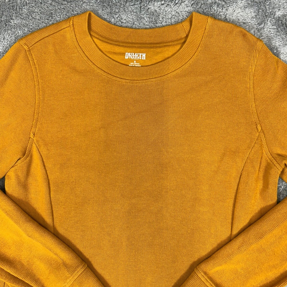 Duluth Trading Co Womens Ribbed Cotton Crewneck Sweatshirt Mustard Yellow Small